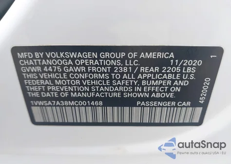 2021 Volkswagen Passat 2.0T Se z USA, uszkodzony, nr VIN 1VWSA7A38MC001468
